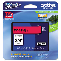 Brother TZe Standard Adhesive Laminated Labeling Tape, 0.7 in x 26.2 ft, Black on Red