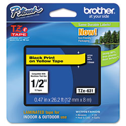 Brother TZe Standard Adhesive Laminated Labeling Tape, 0.47" x 26.2 ft, Black on Yellow (BRTTZE631)