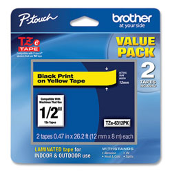 Brother TZe Standard Adhesive Laminated Labeling Tape, 0.47 in x 26.2 ft, Black on Yellow, 2/Pack
