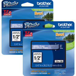 Brother P-touch TZe Laminated Tape Cartridges, 1/2 in, 2/BD, White/Clear