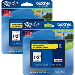 Brother P-touch TZe Laminated Tape Cartridges, 1/2 in, 2/BD, Black/Yellow