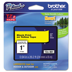 Brother TZe Standard Adhesive Laminated Labeling Tape, 0.94 in x 26.2 ft, Black on Yellow