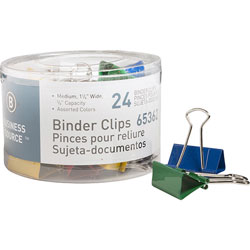 Business Source Binder Clips, 1/4"W, 5/8" Capacity, 24 Pack, Assorted
