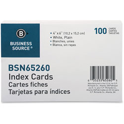 Business Source Index Cards, Plain, 90lb., 4" x 6", White