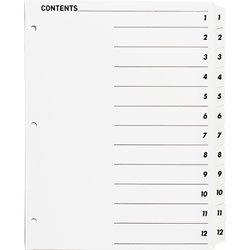 Business Source Index Dividers,w/TOC Page,1-12, 12 Tabs/ST,11 inx8-1/2 in,White