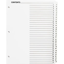 Business Source Index Dividers,w/TOC Page, 1-31, 31 Tab/ST,11 inx8-1/2 in,White