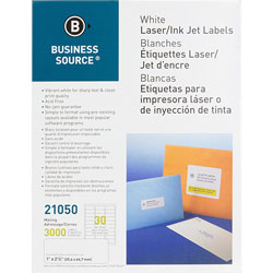 Business Source Mailing Label, Laser, 1"x2-5/8", 3000/PK, White