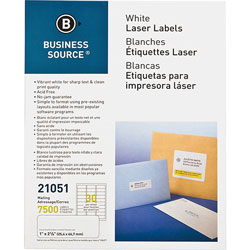 Business Source Mailing Label, Laser, 1"x2-5/8", 7500/PK, White