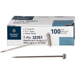 Business Source T-Pins, 9/16 in Head Width, 2 in Length, 100/Box, Silver