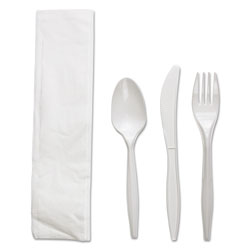 Boardwalk Four-Piece Cutlery Kit, Fork/Knife/Napkin/Teaspoon, White, Polypropylene, 250/Carton