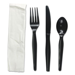 Boardwalk Four-Piece Cutlery Kit, Fork/Knife/Napkin/Teaspoon, Black, 250/Carton