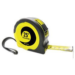 Boardwalk Easy Grip Tape Measure, 25 ft, Plastic Case, Black and Yellow, 1/16 in Graduations