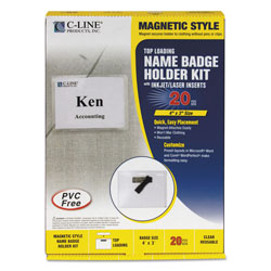 C-Line Magnetic Name Badge Holder Kit, Horizontal, 4w x 3h, Clear, 20/Box