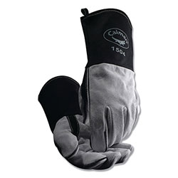 Caiman 1504 Cow Split Flame Resistant Cotton Cuff MIG/Stick Welding Gloves, Large, Black/White, 4 in Gauntlet Cuff