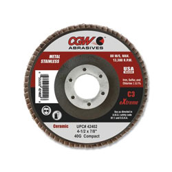 CGW Abrasives C3 Ceramic Flap Disc, 4-1/2 in, 40 Grit, 7/8 in Arbor, 13,300 RPM