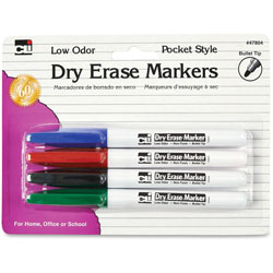 Charles Leonard Dry-Erase Markers, Pocket Style, 4/PK, Ast
