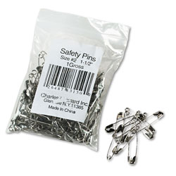 Charles Leonard Safety Pins, Nickel-Plated, Steel, 1.5 in Length, 144/Pack