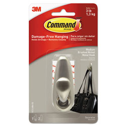 Command® Adhesive Mount Metal Hook, Medium, Brushed Nickel Finish, 1 Hook and 2 Strips/Pack