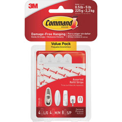 Command® Assorted Refill Strips, Removable, (8) Small 0.75 x 1.75, (4) Medium 0.75 x 2.75, (4) Large 0.75 x 3.75, White, 16/Pack (MMM17200CL)