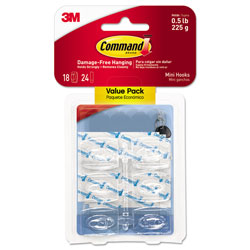 Command® Clear Hooks and Strips, Plastic, Mini, 18 Hooks and 24 Strips/Pack