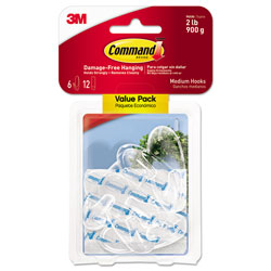 Command® Clear Hooks and Strips, Plastic, Medium, 6 Hooks and 12 Strips/Pack