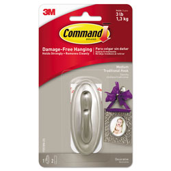 Command® Decorative Hooks, Traditional, Medium, 1 Hook and 2 Strips/Pack