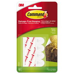 Command® Poster Strips, Removable, Holds up to 1 lb per Pair, 0.63 x 1.75, White, 12/Pack