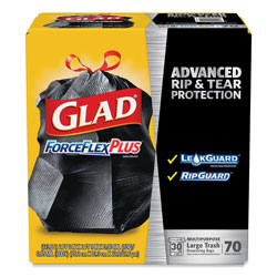 Glad ForceFlexPlus Drawstring Large Trash Bags, 30 gal, 1.05 mil, 30 in x 32 in, Black, 70/Box