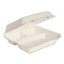 Dart Bare by Solo Eco-Forward Bagasse Hinged Lid Containers, 3-Compartment, 9.6 x 9.4 x 3.2, Ivory, 200/Carton