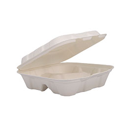 Dart Compostable Fiber Hinged Trays, ProPlanet Seal, 3-Compartment, 8.03 x 8.4 x 1.93, Ivory, Molded Fiber, 200/Carton