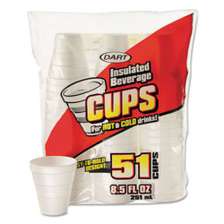 Dart Drink Foam Cups, 8.5 oz, White, 51/Bag, 24 Bags/Carton