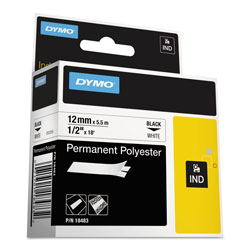 Dymo Rhino Permanent Poly Industrial Label Tape, 0.5 in x 18 ft, White/Black Print