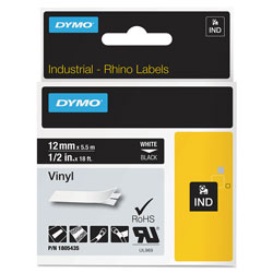 Dymo Rhino Permanent Vinyl Industrial Label Tape, 0.5 in x 18 ft, Black/White Print