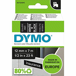 Dymo S0720610 D1 45021 Tape 12mm x 7m White on Black, 15/32 in Width x 22 31/32 ft Length, White on Black, Easy Peel, Durable