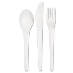 Eco-Products Plantware Compostable Cutlery Kit, Knife/Fork/Spoon/Napkin, 6 in, Pearl White, 250 Kits/Carton
