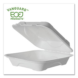 Eco-Products Vanguard Renewable and Compostable Sugarcane Clamshells, 1-Compartment, 9 x 9 x 3, White, 200/Carton