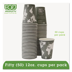 Eco-Products World Art Renewable/Compostable Hot Cups, 12 oz, Gray, 50/Pack