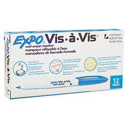 Expo® Vis-à-Vis Wet Erase Marker, Fine Bullet Tip, Blue, Dozen