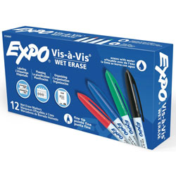 Expo® Vis-A-Vis Wet-Erase Markers, Fine Marker Point, Black, Red, Green, Blue, 12/Dozen