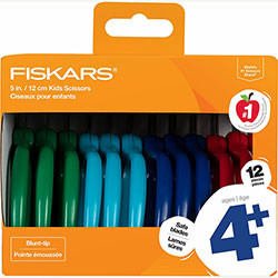 Fiskars 5 in Blunt-tip Kids Scissors, Safety Edge Blade, Blunted Tip, Green, Turquoise, Blue, Red, 12/Pack