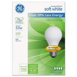 GE Energy-Efficient A19 Halogen Bulb, Soft White 53 W, 4/Pack