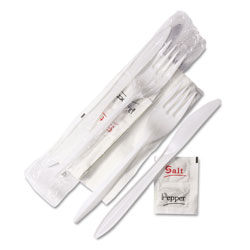 GEN Wrapped Cutlery Kit, 6.25 in, Fork/Knife/Napkin/Salt/Pepper, Polypropylene, White, 500/Carton