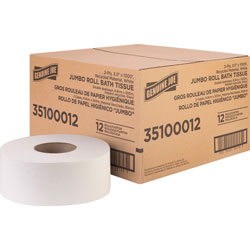 Genuine Joe Jumbo Jr Dispenser Bath Tissue Roll - 2 Ply - 3.50 in x 100 ft - 8.88 in Roll Diameter - White - Fiber - Sewer-safe, Septic Safe - For Bathroom - 12 / Carton