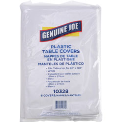 Genuine Joe Plastic Rectangular Table Covers, 108 in Length x 54 in Width, Plastic, White