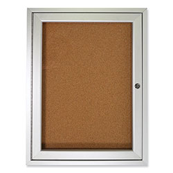 Ghent MFG 1 Door Enclosed Natural Cork Bulletin Board with Satin Aluminum Frame, 24 x 36, Tan Surface