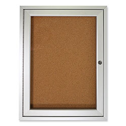 Ghent MFG 1 Door Enclosed Natural Cork Bulletin Board with Satin Aluminum Frame, 30 x 36, Tan Surface