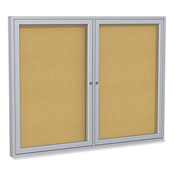 Ghent MFG 2 Door Enclosed Natural Cork Bulletin Board with Satin Aluminum Frame, 48 x 36, Tan Surface