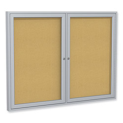 Ghent MFG 2 Door Enclosed Natural Cork Bulletin Board with Satin Aluminum Frame, 60 x 36, Tan Surface