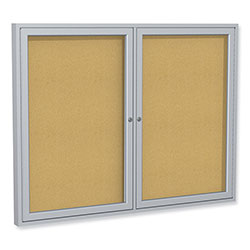 Ghent MFG 2 Door Enclosed Natural Cork Bulletin Board with Satin Aluminum Frame, 72 x 36, Tan Surface
