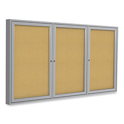 Ghent MFG 3 Door Enclosed Natural Cork Bulletin Board with Satin Aluminum Frame, 72 x 48, Tan Surface